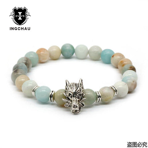 8mm Silver Plated Animal Wolf Head Bracelet With Natural Black Lava Rock Stone Energy Men Beaded Bracelets For Women A-5 - Wolfmall