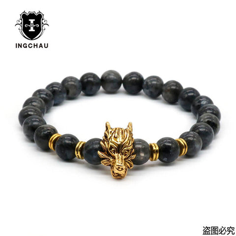 8mm Silver Plated Animal Wolf Head Bracelet With Natural Black Lava Rock Stone Energy Men Beaded Bracelets For Women A-5 - Wolfmall