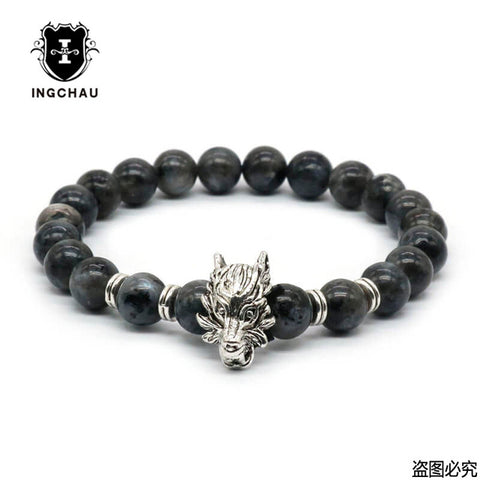 8mm Silver Plated Animal Wolf Head Bracelet With Natural Black Lava Rock Stone Energy Men Beaded Bracelets For Women A-5 - Wolfmall