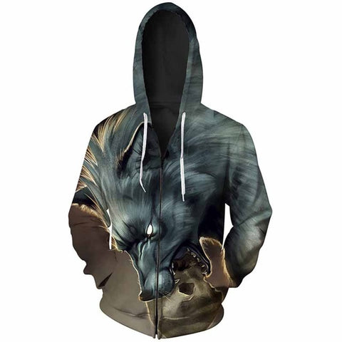 Cloudstyle 2018 3D Hoodies Zipper Men Hoody Sweatshirts Wolf Eats Skull 3D Print Autumn Harajuku Outwear Jacket Plus Size 5XL - Wolfmall