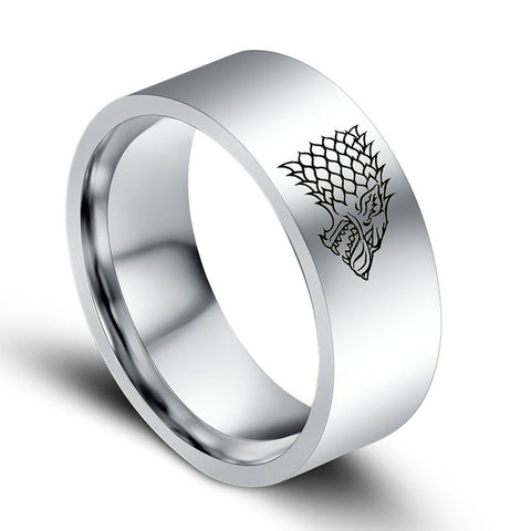 8 mm Stainless Steel Ring Gold & Black & Silver Color Male Game of Thrones Ice Wolf House Stark of Winterfell Men Rings - Wolfmall