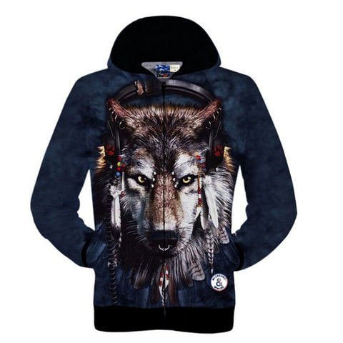 New 2016 Fashion Mens/Womens Zipper Sweatshirt The Indian Wolf Printed 3D Hoodies Sleeve Knitted Jacket Casual Sweatshirt Coats - Wolfmall