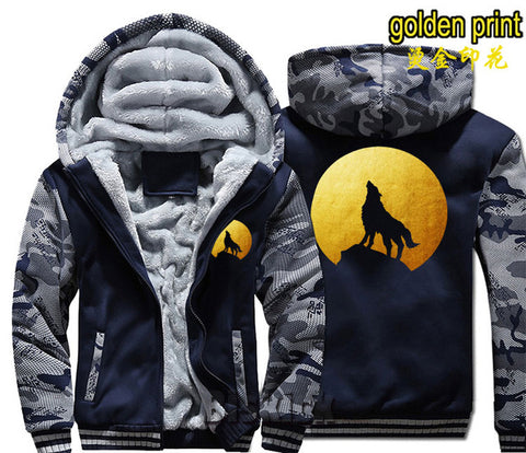 fashion Men women Warm Thick Coat Jacket winter single wolf golden reflective glow print street velvet Sweatshirt top Hoodie - Wolfmall