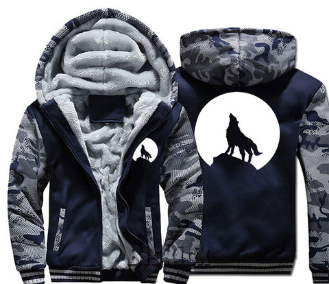 fashion Men women Warm Thick Coat Jacket winter single wolf golden reflective glow print street velvet Sweatshirt top Hoodie - Wolfmall