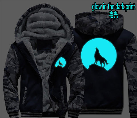 fashion Men women Warm Thick Coat Jacket winter single wolf golden reflective glow print street velvet Sweatshirt top Hoodie - Wolfmall