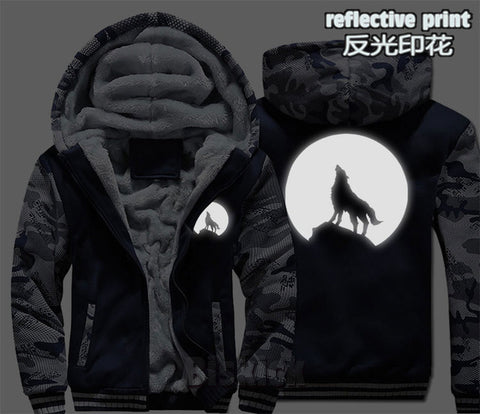 fashion Men women Warm Thick Coat Jacket winter single wolf golden reflective glow print street velvet Sweatshirt top Hoodie - Wolfmall