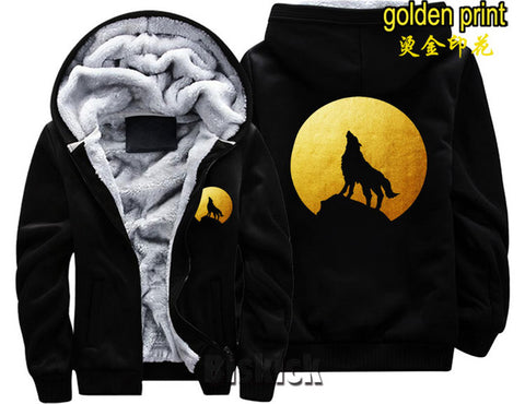fashion Men women Warm Thick Coat Jacket winter single wolf golden reflective glow print street velvet Sweatshirt top Hoodie - Wolfmall
