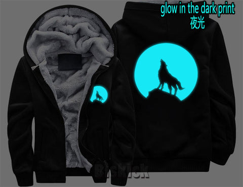 fashion Men women Warm Thick Coat Jacket winter single wolf golden reflective glow print street velvet Sweatshirt top Hoodie - Wolfmall