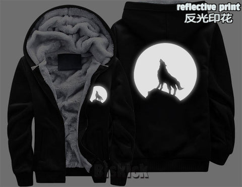 fashion Men women Warm Thick Coat Jacket winter single wolf golden reflective glow print street velvet Sweatshirt top Hoodie - Wolfmall