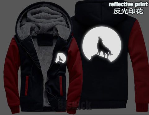fashion Men women Warm Thick Coat Jacket winter single wolf golden reflective glow print street velvet Sweatshirt top Hoodie - Wolfmall