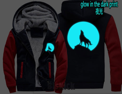 fashion Men women Warm Thick Coat Jacket winter single wolf golden reflective glow print street velvet Sweatshirt top Hoodie - Wolfmall