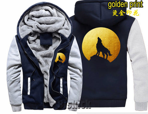 fashion Men women Warm Thick Coat Jacket winter single wolf golden reflective glow print street velvet Sweatshirt top Hoodie - Wolfmall