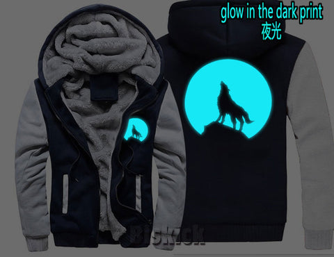 fashion Men women Warm Thick Coat Jacket winter single wolf golden reflective glow print street velvet Sweatshirt top Hoodie - Wolfmall