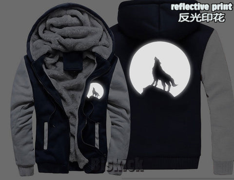 fashion Men women Warm Thick Coat Jacket winter single wolf golden reflective glow print street velvet Sweatshirt top Hoodie - Wolfmall