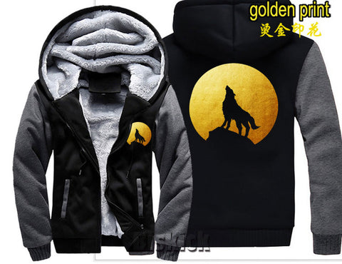 fashion Men women Warm Thick Coat Jacket winter single wolf golden reflective glow print street velvet Sweatshirt top Hoodie - Wolfmall