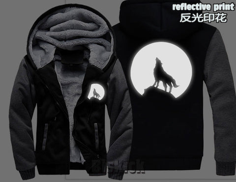 fashion Men women Warm Thick Coat Jacket winter single wolf golden reflective glow print street velvet Sweatshirt top Hoodie - Wolfmall