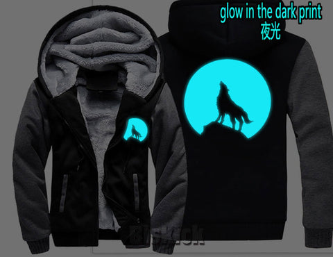 fashion Men women Warm Thick Coat Jacket winter single wolf golden reflective glow print street velvet Sweatshirt top Hoodie - Wolfmall
