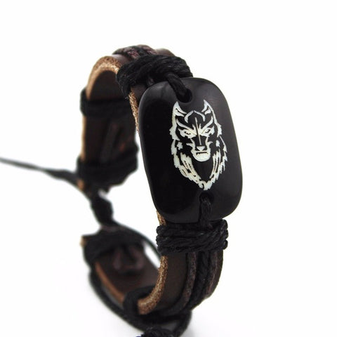 Gaxybb wolf head men's leather bracelet classic carving resin leather bracelet hand bracelet men's bracelet - Wolfmall