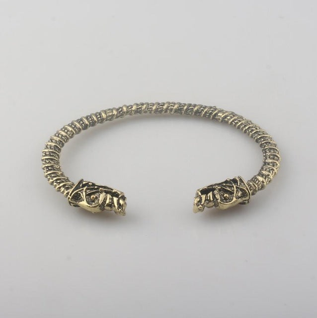 RJ Newest Fashion Handmade Opening Vikings of Midgard Bangles Double wolf Faucet Head Bracelet Two-headed Wolf Men Bracelet - Wolfmall
