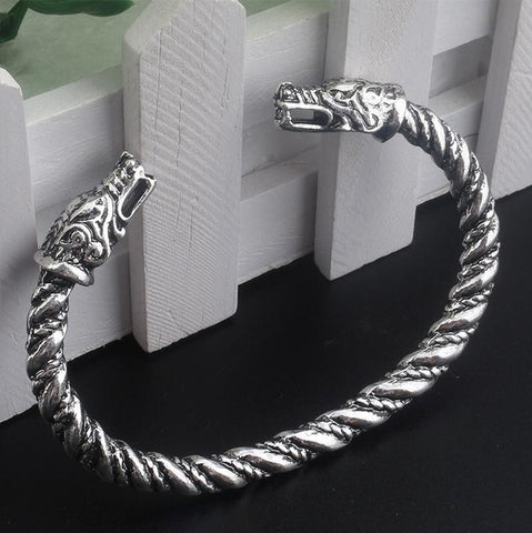 RJ Newest Fashion Handmade Opening Vikings of Midgard Bangles Double wolf Faucet Head Bracelet Two-headed Wolf Men Bracelet - Wolfmall