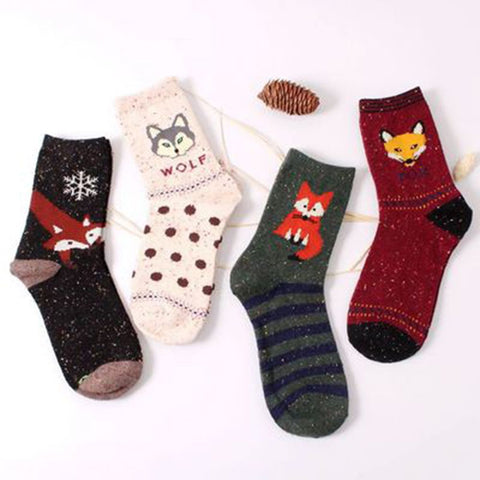 1 Pair Women Cute Animal Cartoon Fox Wolf Warm Cotton Sock Female Ladies Casual Hosiery - Wolfmall