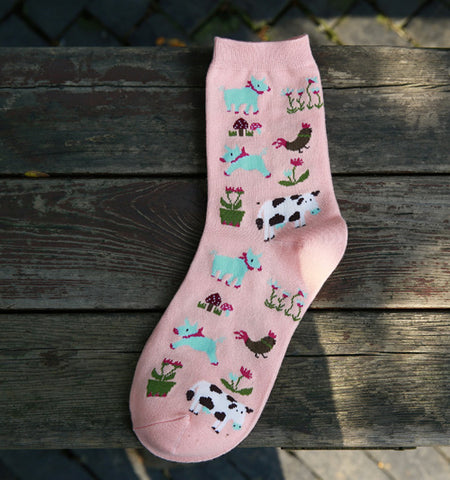 Kawaii Japanese Cartoon Animal In Tube Women Cotton Socks Printed Cute Sheep Cow Wolf  Pig Female Casual Sock Leisure Sox 5Color - Wolfmall
