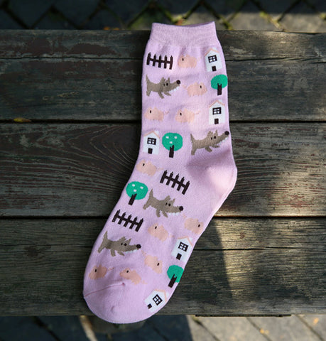 Kawaii Japanese Cartoon Animal In Tube Women Cotton Socks Printed Cute Sheep Cow Wolf  Pig Female Casual Sock Leisure Sox 5Color - Wolfmall