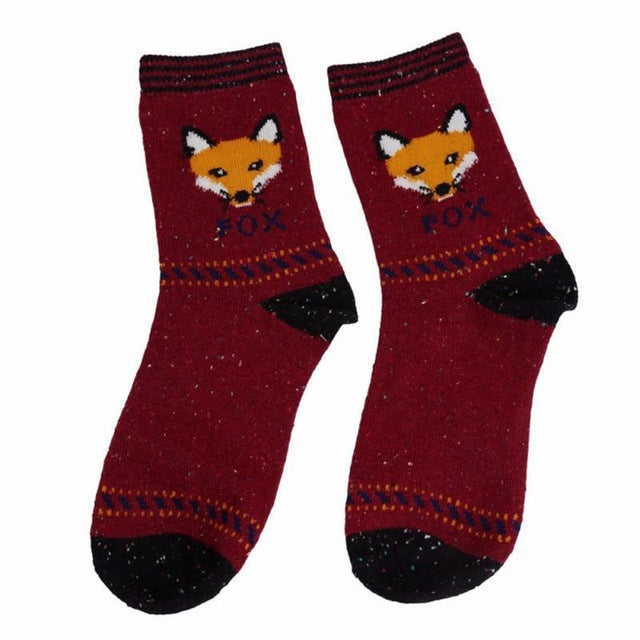 Cartoon Animal pattern Atumn Winter Thick Wool Cotton Socks cute Fox Elephant Wolf Snow-fox Deer Cat Owl print Christmas Sock - Wolfmall