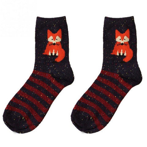 Cartoon Animal pattern Atumn Winter Thick Wool Cotton Socks cute Fox Elephant Wolf Snow-fox Deer Cat Owl print Christmas Sock - Wolfmall