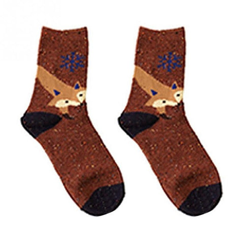 Cartoon Animal pattern Atumn Winter Thick Wool Cotton Socks cute Fox Elephant Wolf Snow-fox Deer Cat Owl print Christmas Sock - Wolfmall