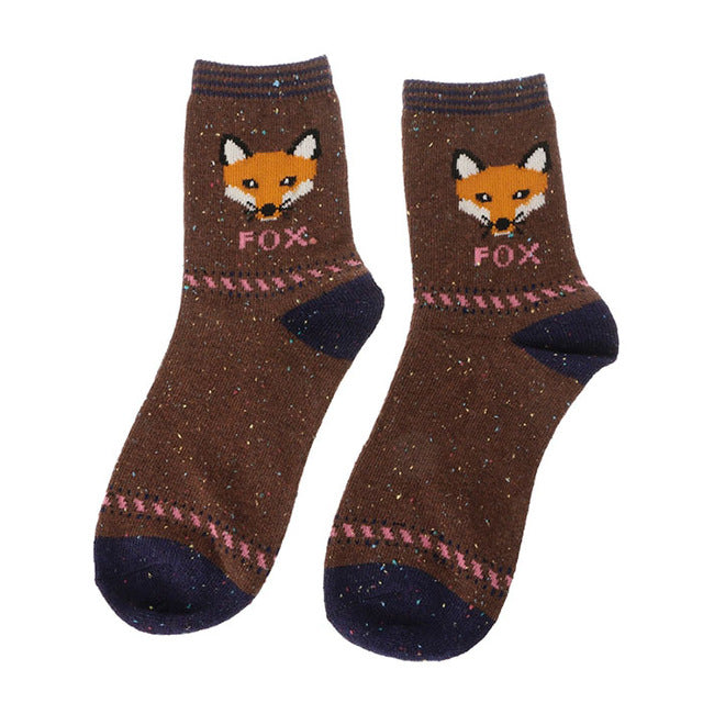 Women Cute Fox Wolf Pattern Winter Warm Rabbit Wool Blend Crew Calf Tube Socks - Wolfmall