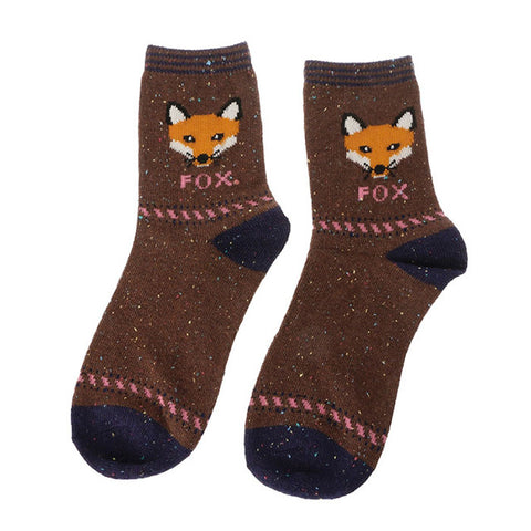 Women Cute Fox Wolf Pattern Winter Warm Rabbit Wool Blend Crew Calf Tube Socks - Wolfmall