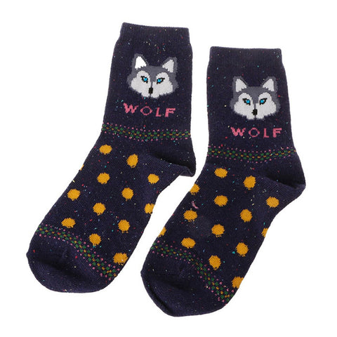 Women Cute Fox Wolf Pattern Winter Warm Rabbit Wool Blend Crew Calf Tube Socks - Wolfmall