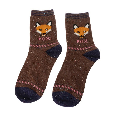 KLV Women Cute Fox Wolf Pattern Winter Warm Rabbit Wool Blend Crew Calf Tube Socks - Wolfmall
