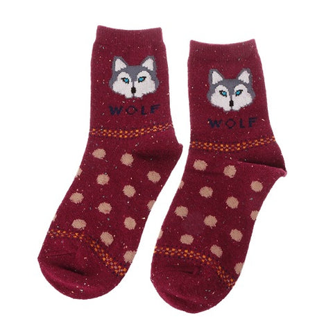 KLV Women Cute Fox Wolf Pattern Winter Warm Rabbit Wool Blend Crew Calf Tube Socks - Wolfmall