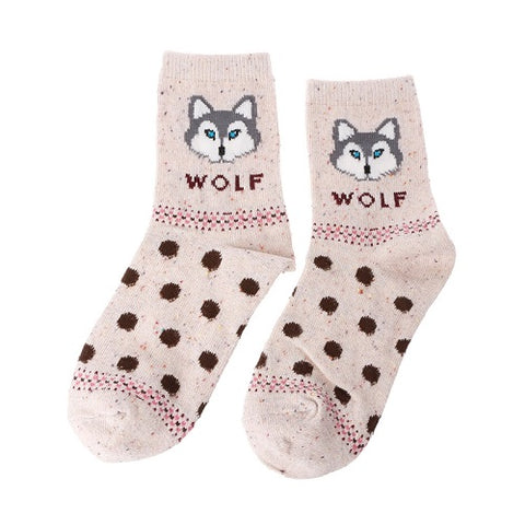 KLV Women Cute Fox Wolf Pattern Winter Warm Rabbit Wool Blend Crew Calf Tube Socks - Wolfmall