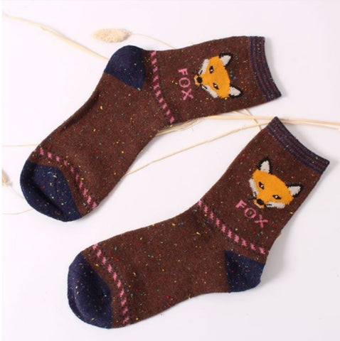 Fashhion Cute Korean Thick Wool Cotton Women Girl Crew Socks Spring And Summer Of Harajuku Animal Fox Wolf Striped Sox - Wolfmall