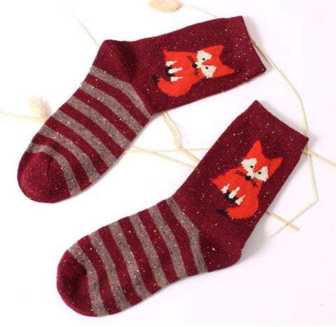 Fashhion Cute Korean Thick Wool Cotton Women Girl Crew Socks Spring And Summer Of Harajuku Animal Fox Wolf Striped Sox - Wolfmall