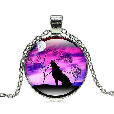 Fashion Wolf Moon Pendant Necklace Glass Cabochon Silver Statement Chain Necklace Women Jewelry - Wolfmall