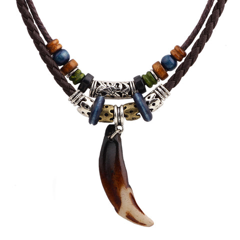 ER Vintage Tribal Boheme Wolf Tooth Necklace Braided Leather Rope Multi Layer Tibetan Beads Neckless Bohemian Jewelry LN066 - Wolfmall
