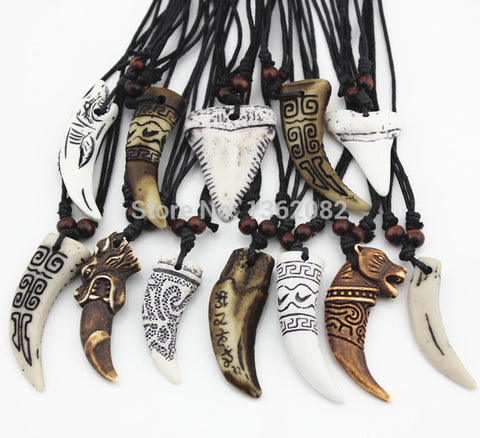 Wholesale 12pcs Mixed Cool Imitation Bone Carved Dragon Totem Shark/Wolf Tooth Pendant Necklace Amulet MN465 - Wolfmall
