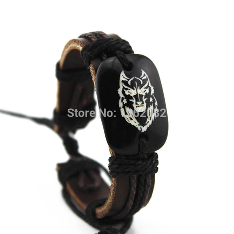 Classic Men's Leather Bracelet Resin Carved Wolf Leather Bracelets Friendship ID Bracelets Bangles Gift MB22 - Wolfmall
