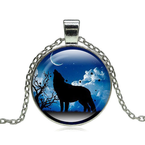 Fashion Wolf Moon Pendant Necklace Glass Cabochon Silver Statement Chain Necklace Women Jewelry - Wolfmall