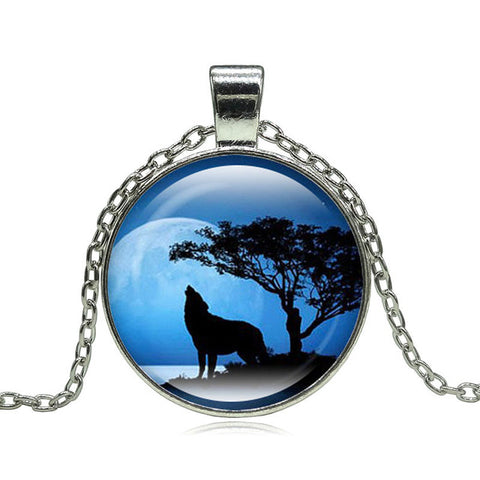 Fashion Wolf Moon Pendant Necklace Glass Cabochon Silver Statement Chain Necklace Women Jewelry - Wolfmall