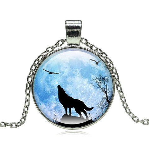 Fashion Wolf Moon Pendant Necklace Glass Cabochon Silver Statement Chain Necklace Women Jewelry - Wolfmall