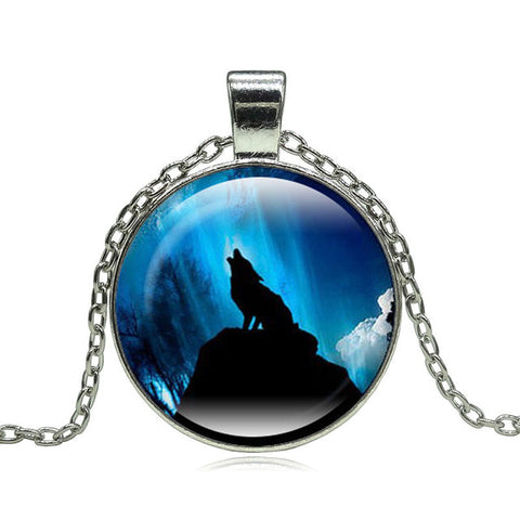 Fashion Wolf Moon Pendant Necklace Glass Cabochon Silver Statement Chain Necklace Women Jewelry - Wolfmall