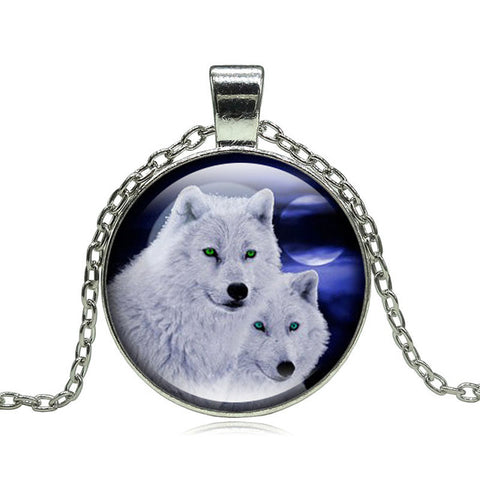 Fashion Wolf Moon Pendant Necklace Glass Cabochon Silver Statement Chain Necklace Women Jewelry - Wolfmall