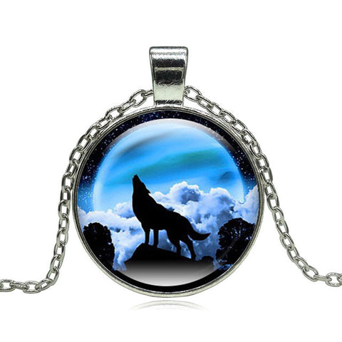 Fashion Wolf Moon Pendant Necklace Glass Cabochon Silver Statement Chain Necklace Women Jewelry - Wolfmall