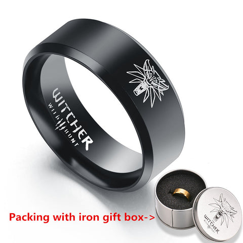 Hot Game The Witcher 3 Ring Wild Hunt Medallion Gold Stainless Steel Black Bike Rings for Men Punk Wolf Ring with Iron Gifts Box - Wolfmall