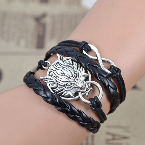 Jiayiqi Handmade Infinity Wolf Black Weave Leather Wax Rope Bracelet Best Friendship Gift  IB516 - Wolfmall